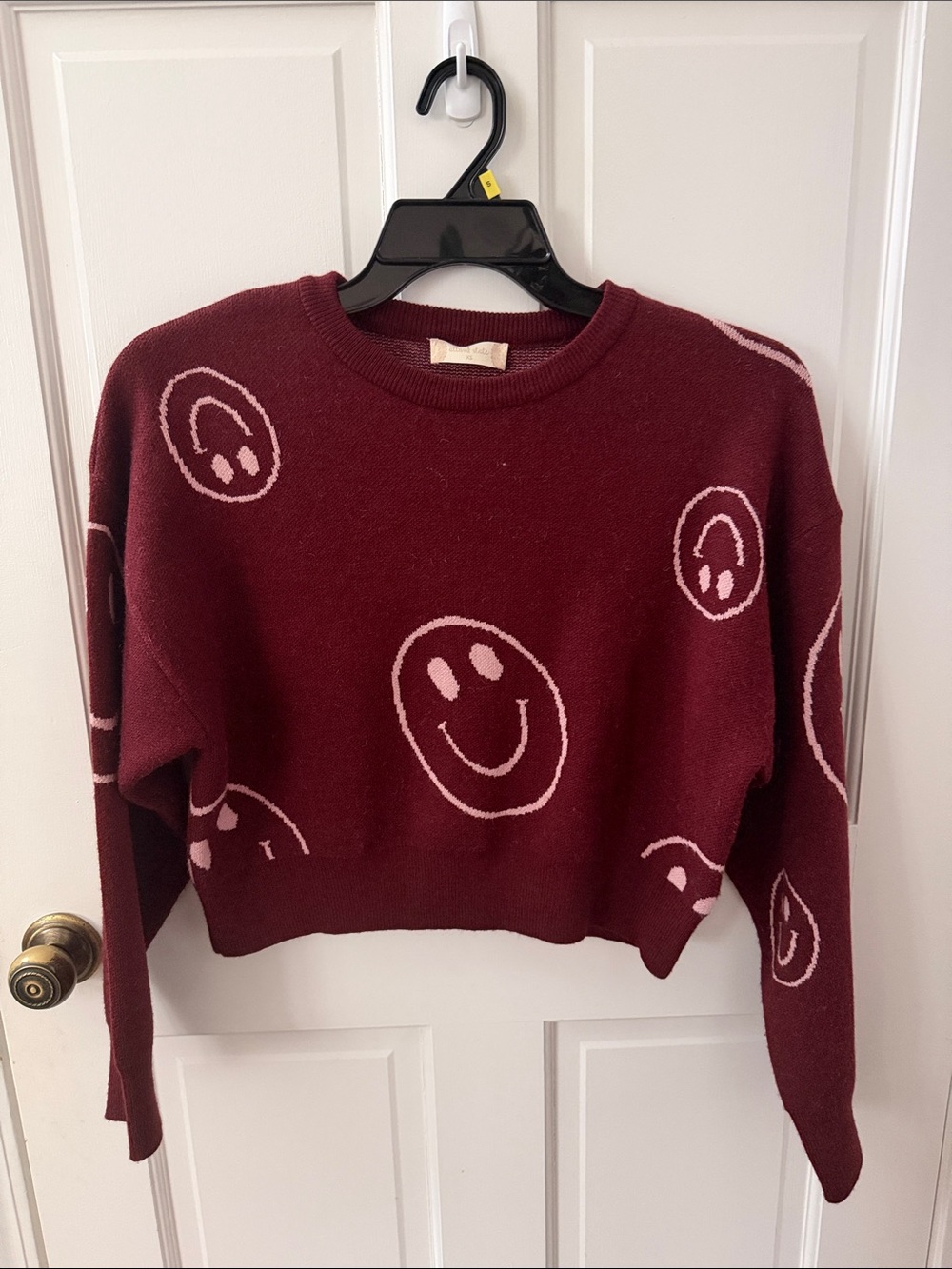 Altar'd State Burgundy Sweater with Pink Smiley Faces